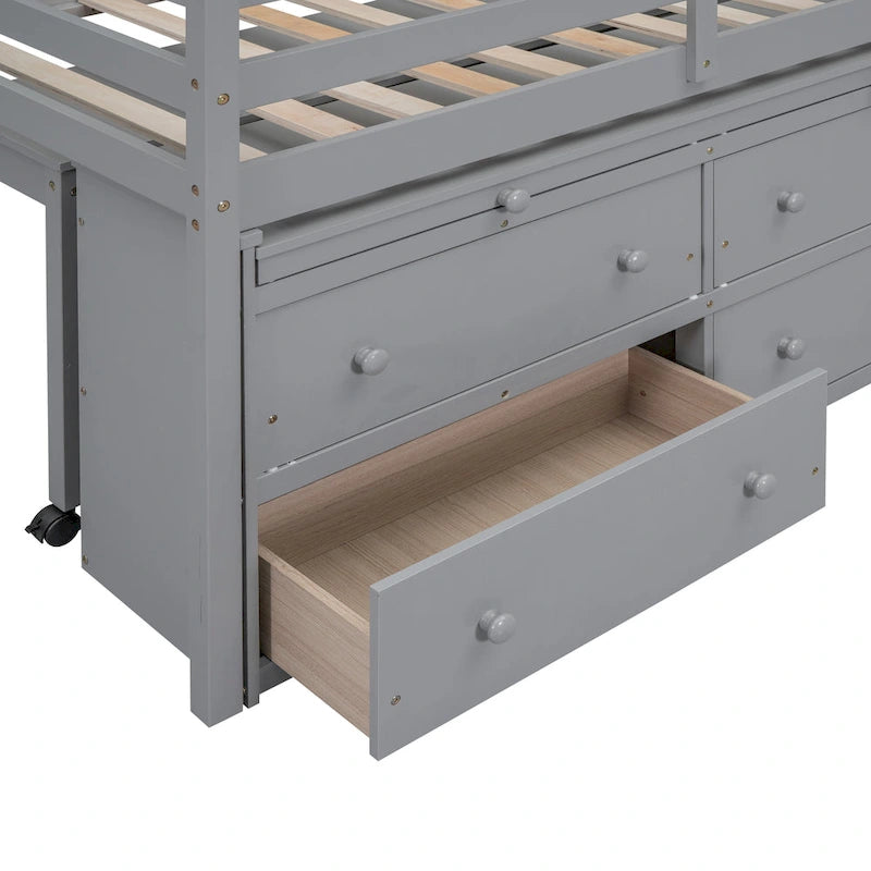 Gray Twin Size Solid Wood Loft Bed with Retractable Desk & Drawers