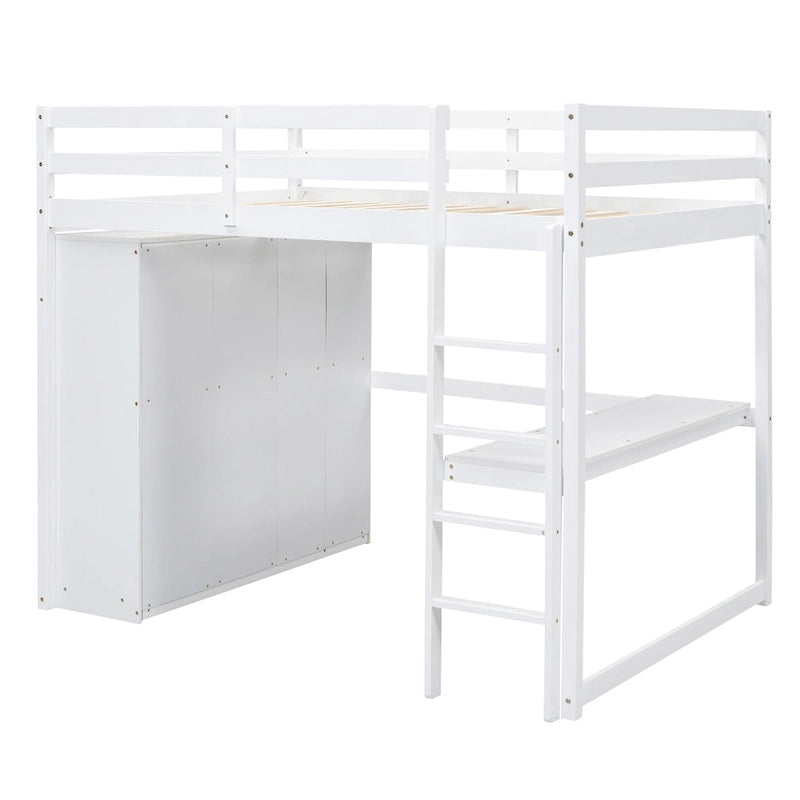 White Full Size Solid Wood Loft Bed with Wardrobe, Desk, and Shelves