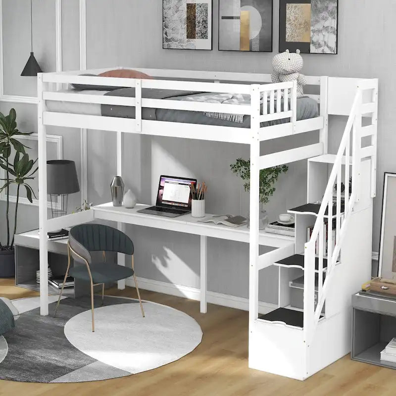 Twin Pine Loft Bed with Desk and Staircase