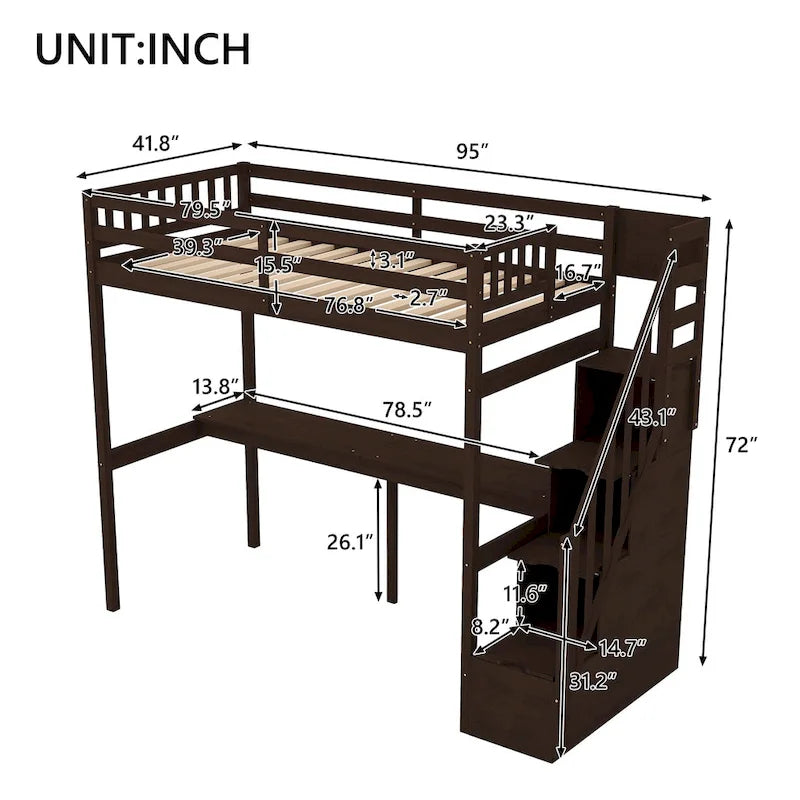Twin Pine Loft Bed with Desk and Staircase