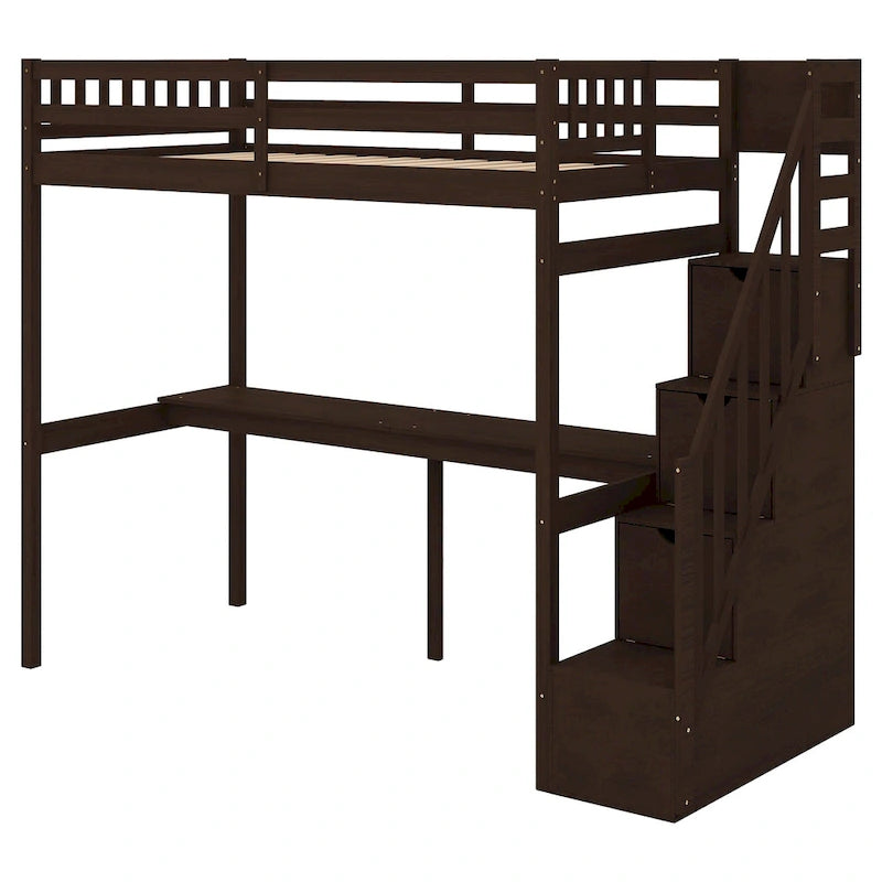 Twin Pine Loft Bed with Desk and Staircase