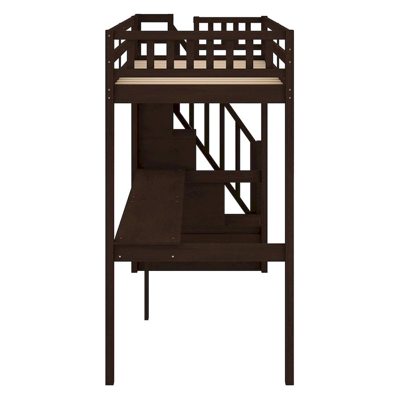 Twin Pine Loft Bed with Desk and Staircase