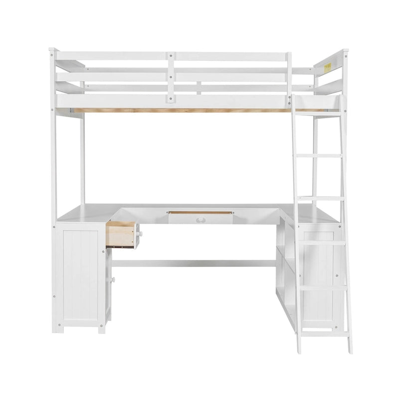 White Full Size Solid Wood Loft Bed with Desk, Blackboard & Drawers