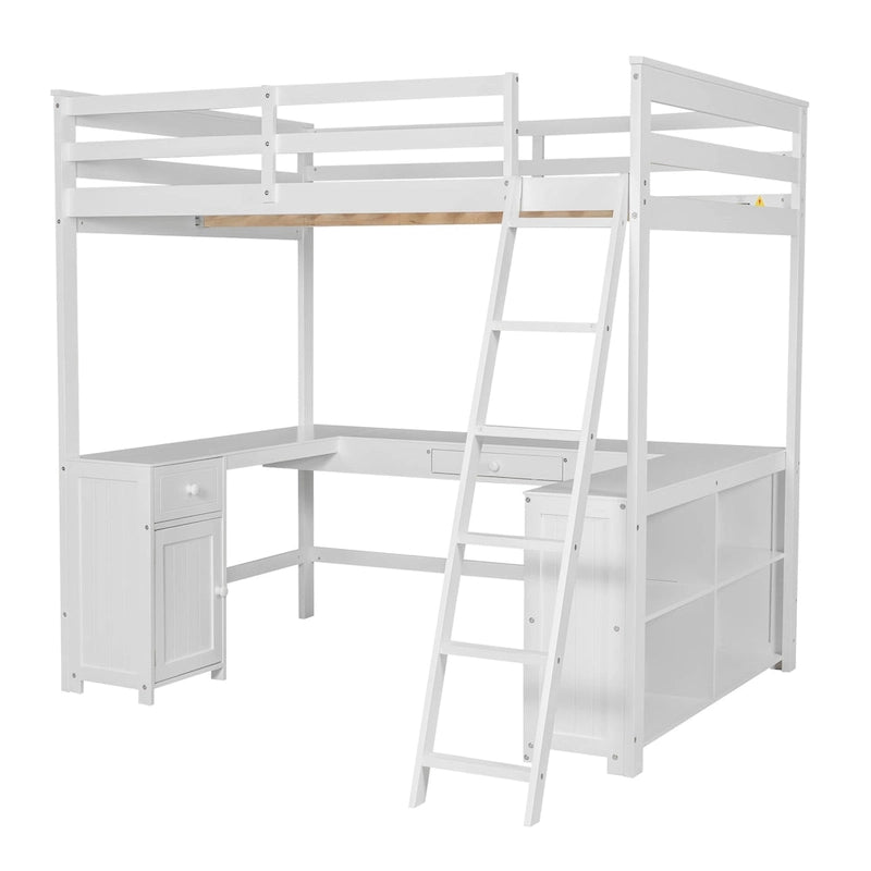 White Full Size Solid Wood Loft Bed with Desk, Blackboard & Drawers