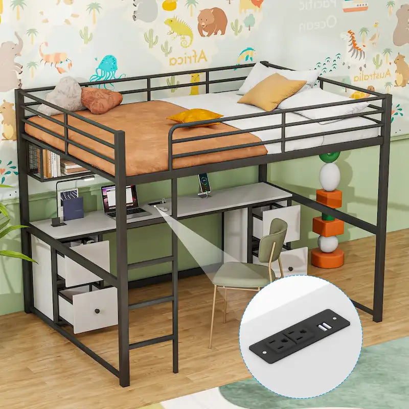 Black Full Size Metal Loft Bed with Desk, Drawers, and Charging Station