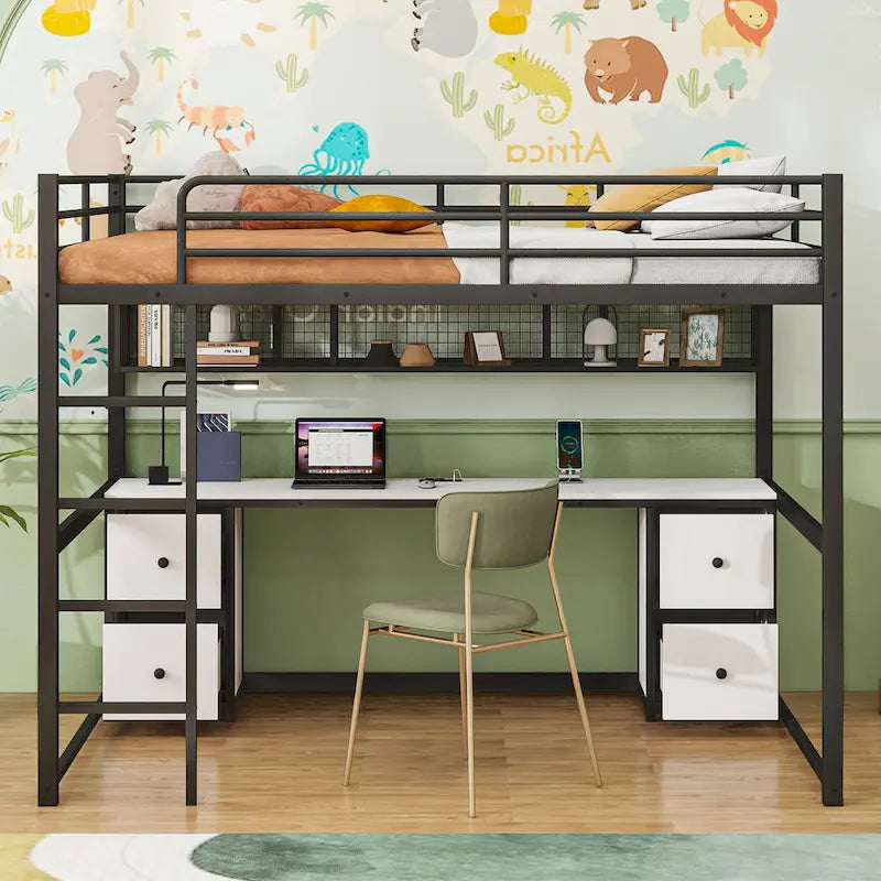 Black Full Size Metal Loft Bed with Desk, Drawers, and Charging Station