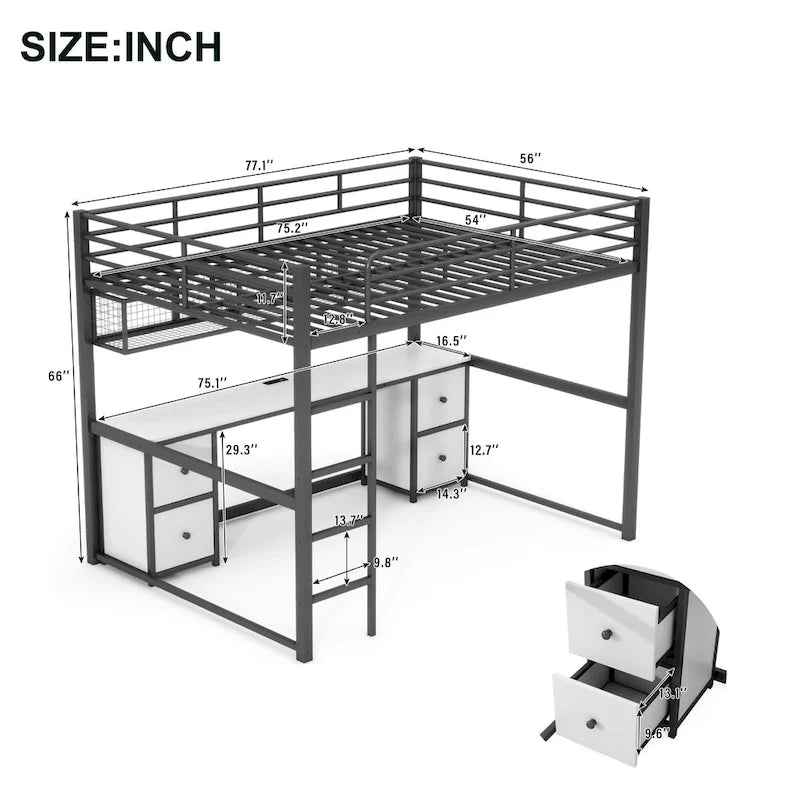 Black Full Size Metal Loft Bed with Desk, Drawers, and Charging Station