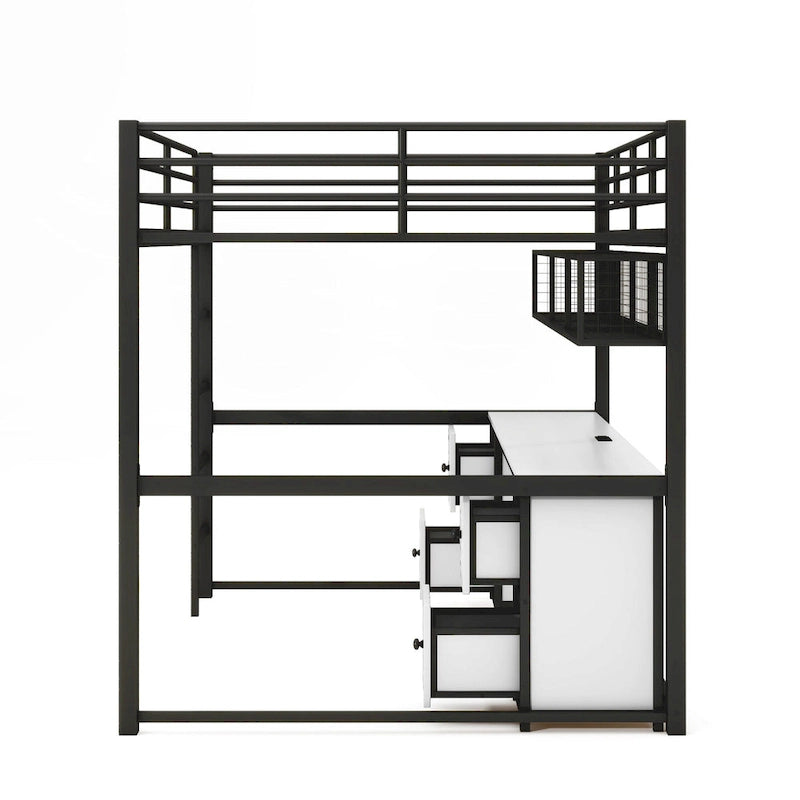 Black Full Size Metal Loft Bed with Desk, Drawers, and Charging Station