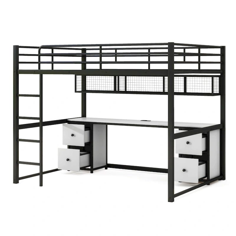 Black Full Size Metal Loft Bed with Desk, Drawers, and Charging Station