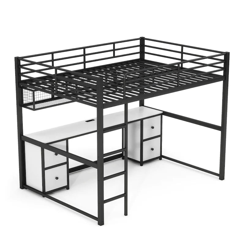 Black Full Size Metal Loft Bed with Desk, Drawers, and Charging Station