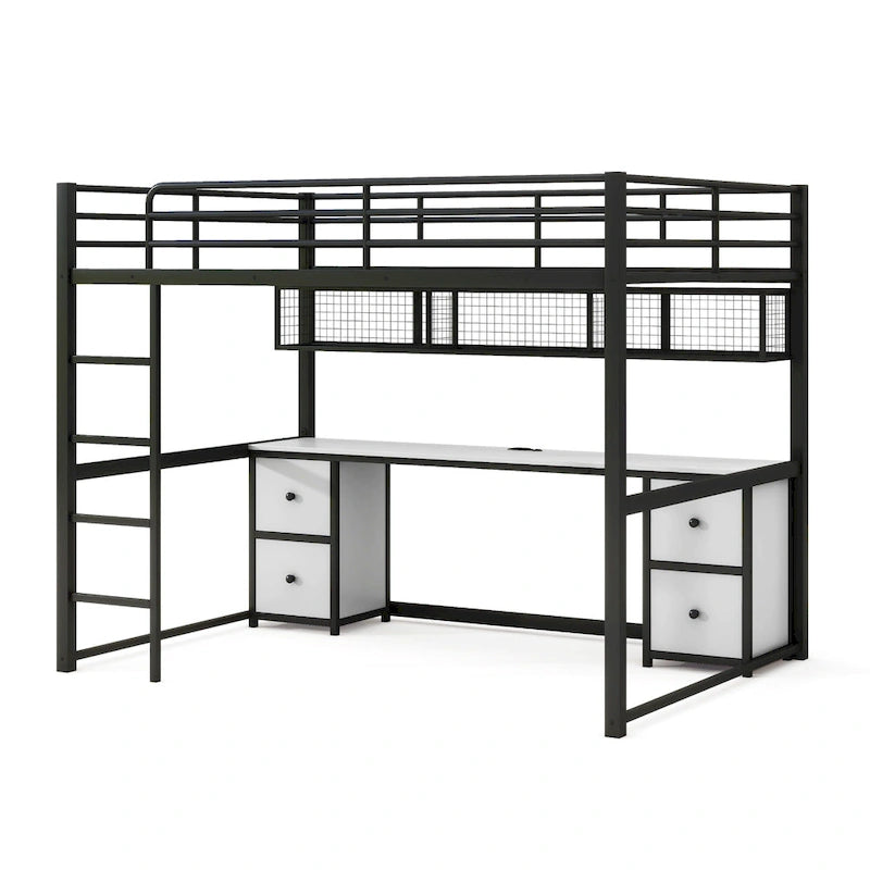 Black Full Size Metal Loft Bed with Desk, Drawers, and Charging Station