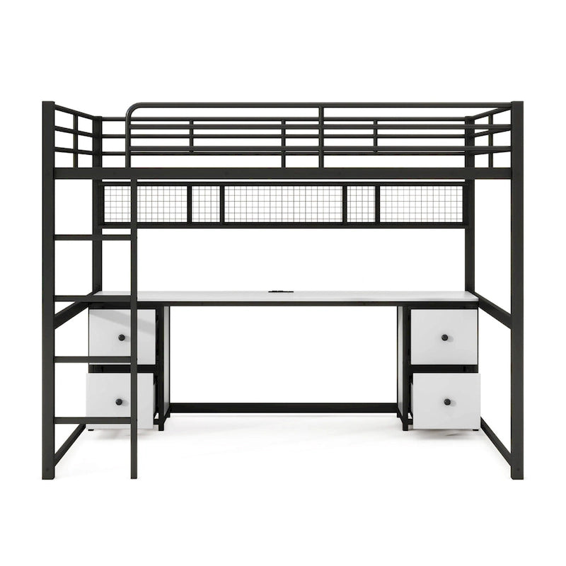 Black Full Size Metal Loft Bed with Desk, Drawers, and Charging Station