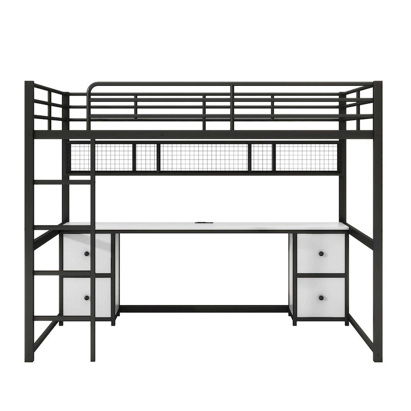 Black Full Size Metal Loft Bed with Desk, Drawers, and Charging Station