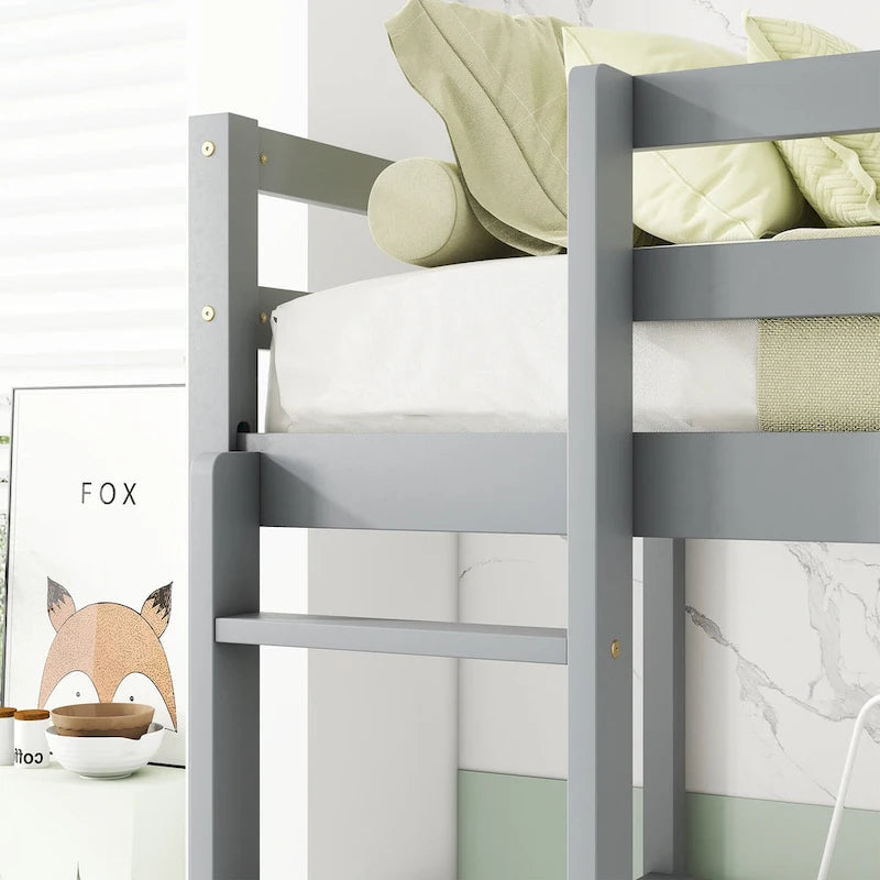 Grey Twin Size Wood Loft Bed with Desk, Storage, and Ladder