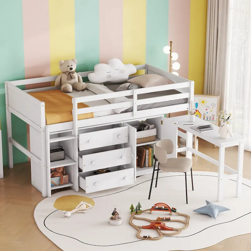 White Twin Size Wood Low Loft Bed with Pull-Out Desk and Shelves