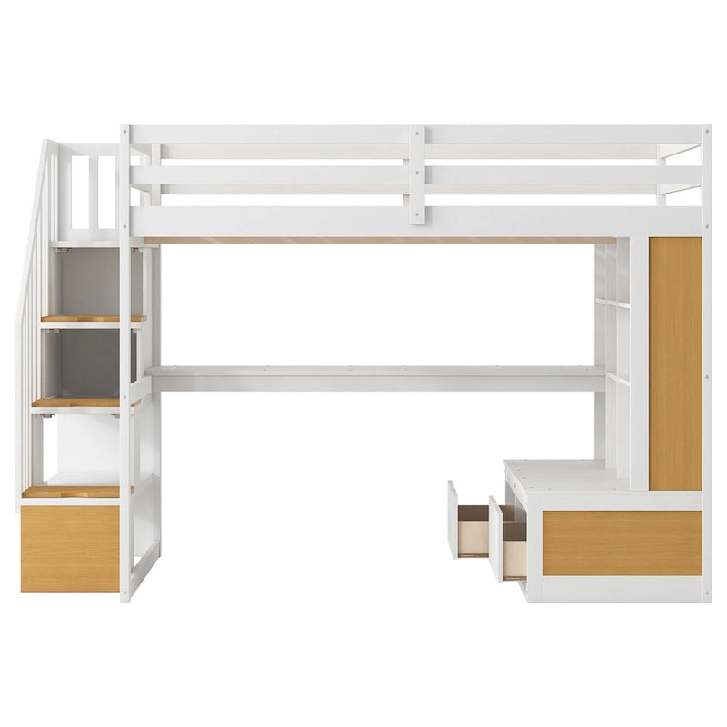 Natural+White Full Size Solid Wood Loft Bed with Desk, Shelves, and Drawers