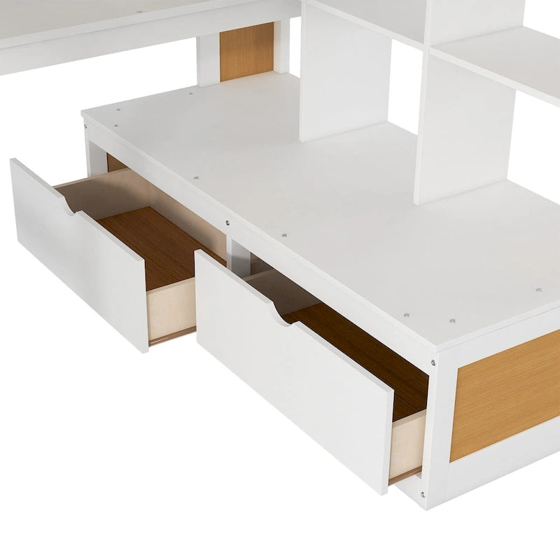 Natural+White Full Size Solid Wood Loft Bed with Desk, Shelves, and Drawers