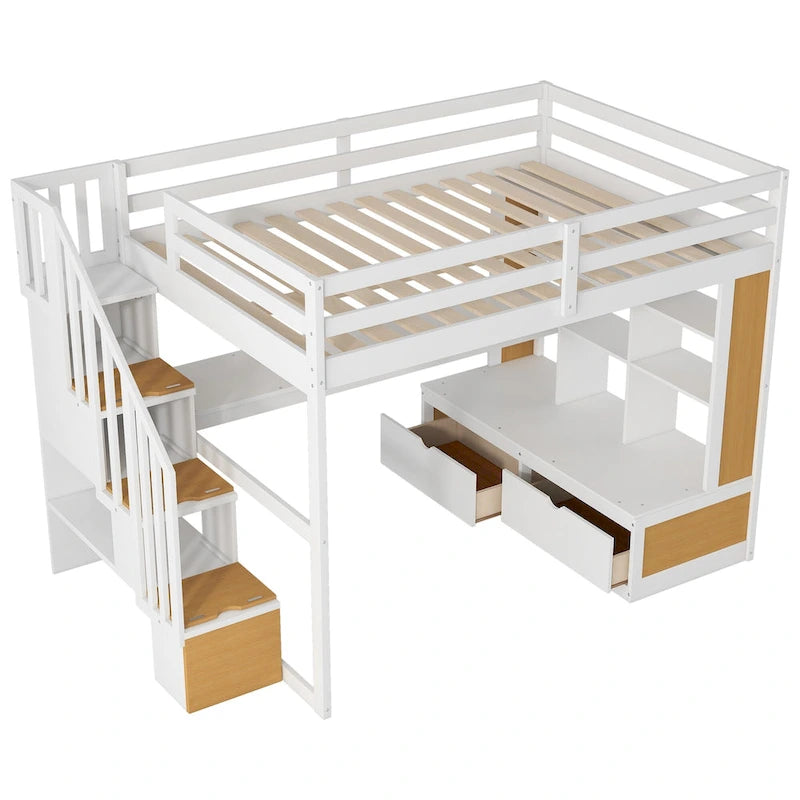 Natural+White Full Size Solid Wood Loft Bed with Desk, Shelves, and Drawers