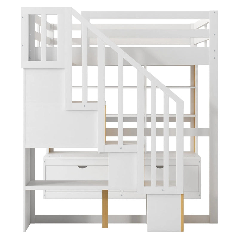 Natural+White Full Size Solid Wood Loft Bed with Desk, Shelves, and Drawers