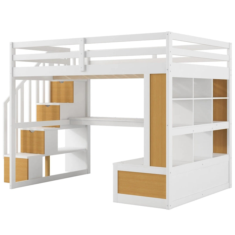 Natural+White Full Size Solid Wood Loft Bed with Desk, Shelves, and Drawers