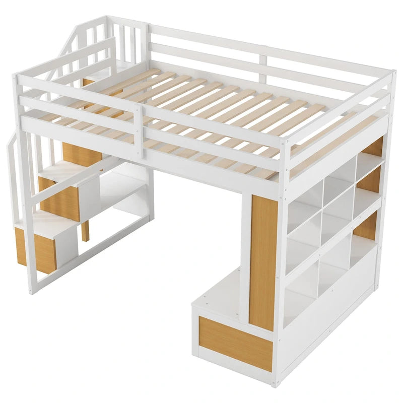 Natural+White Full Size Solid Wood Loft Bed with Desk, Shelves, and Drawers