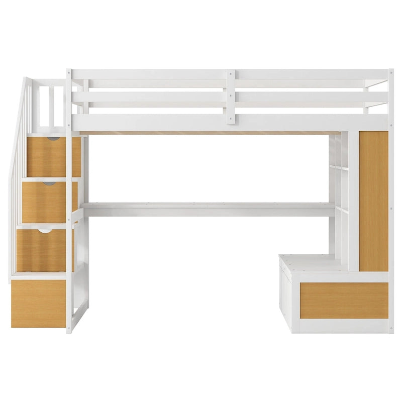 Natural+White Full Size Solid Wood Loft Bed with Desk, Shelves, and Drawers