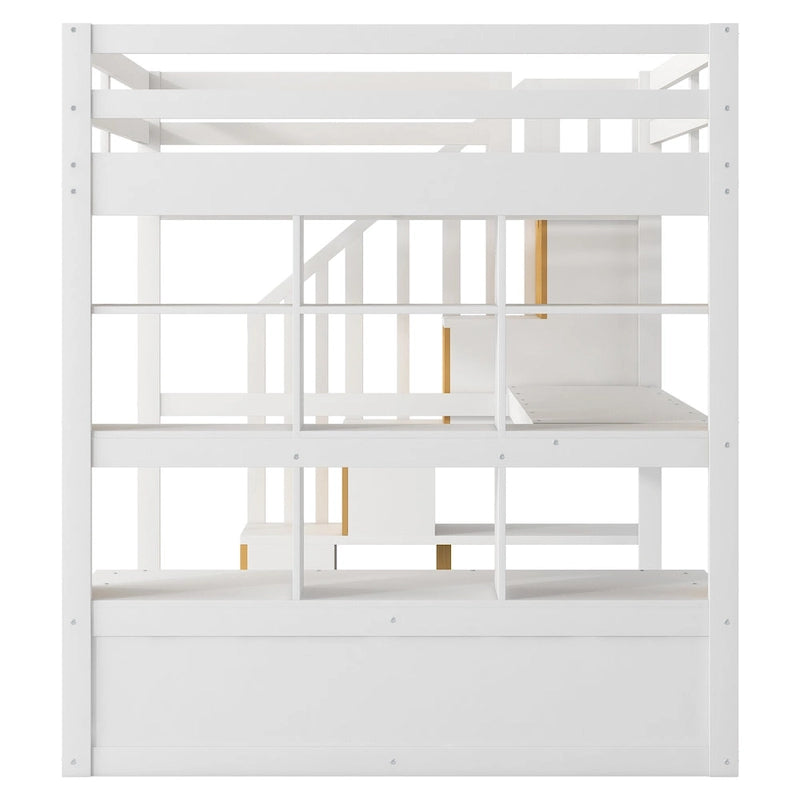 Natural+White Full Size Solid Wood Loft Bed with Desk, Shelves, and Drawers