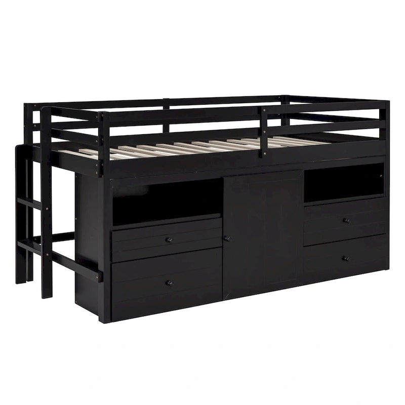 Espresso Twin Solid Wood Loft Bed with Drawers & Cabinet