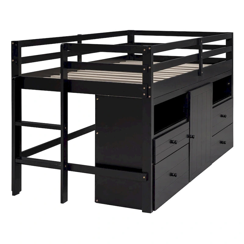 Espresso Twin Solid Wood Loft Bed with Drawers & Cabinet