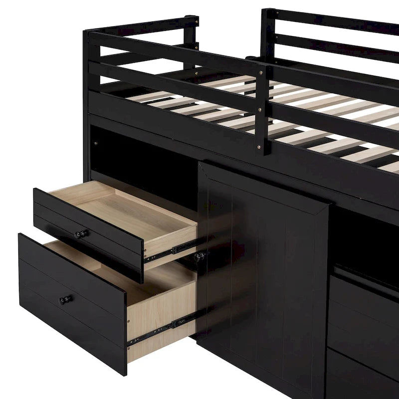 Espresso Twin Solid Wood Loft Bed with Drawers & Cabinet
