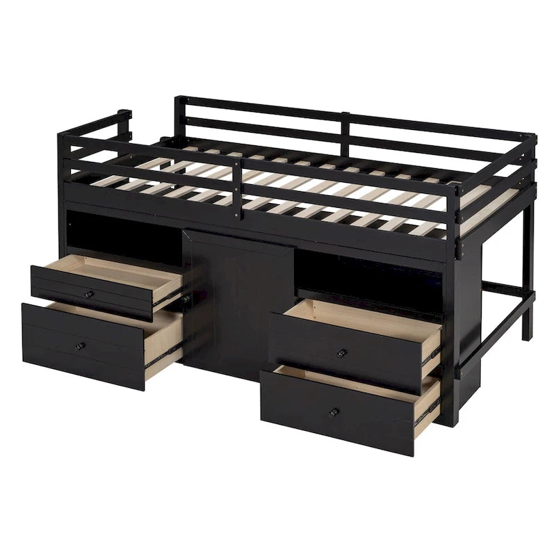 Espresso Twin Solid Wood Loft Bed with Drawers & Cabinet