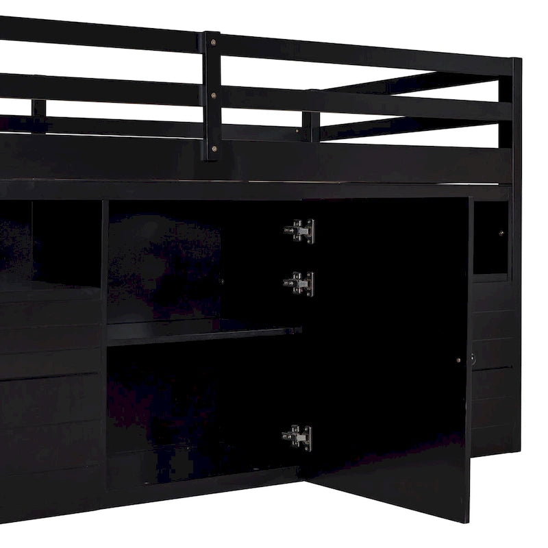 Espresso Twin Solid Wood Loft Bed with Drawers & Cabinet