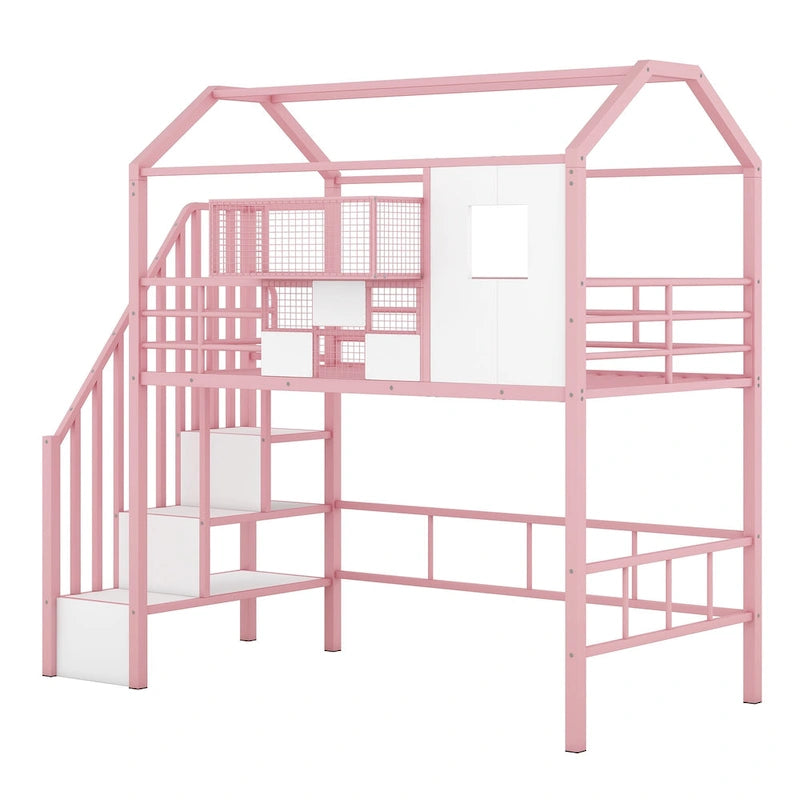 Twin Metal House Loft Bed with Roof, Storage Box, and Ladder