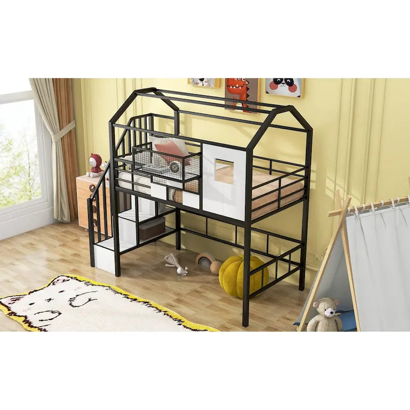 Twin Metal House Loft Bed with Roof, Storage Box, and Ladder
