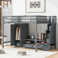 Gray Full Solid Wood Loft Bed with Wardrobe & Storage Table