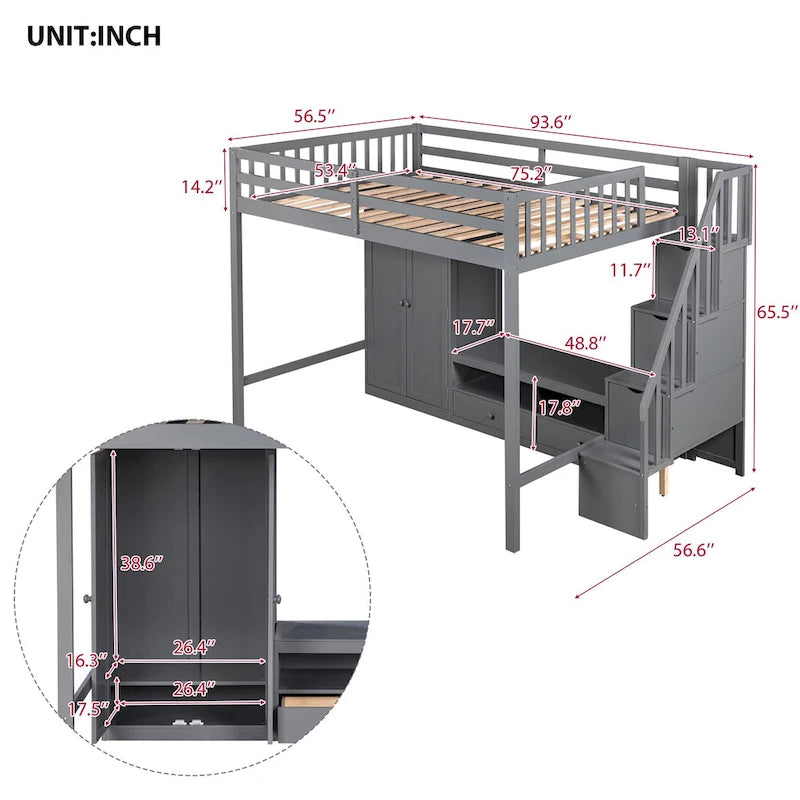 Gray Full Solid Wood Loft Bed with Wardrobe & Storage Table