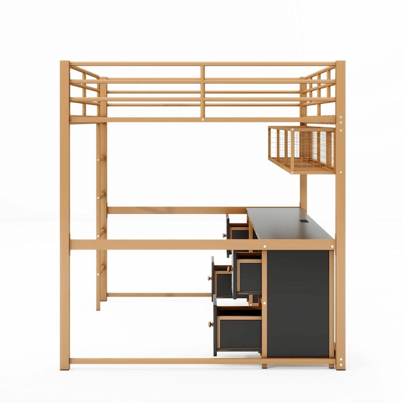 Gold+Black Full Metal Loft Bed with Desk, Drawers & Charging Station