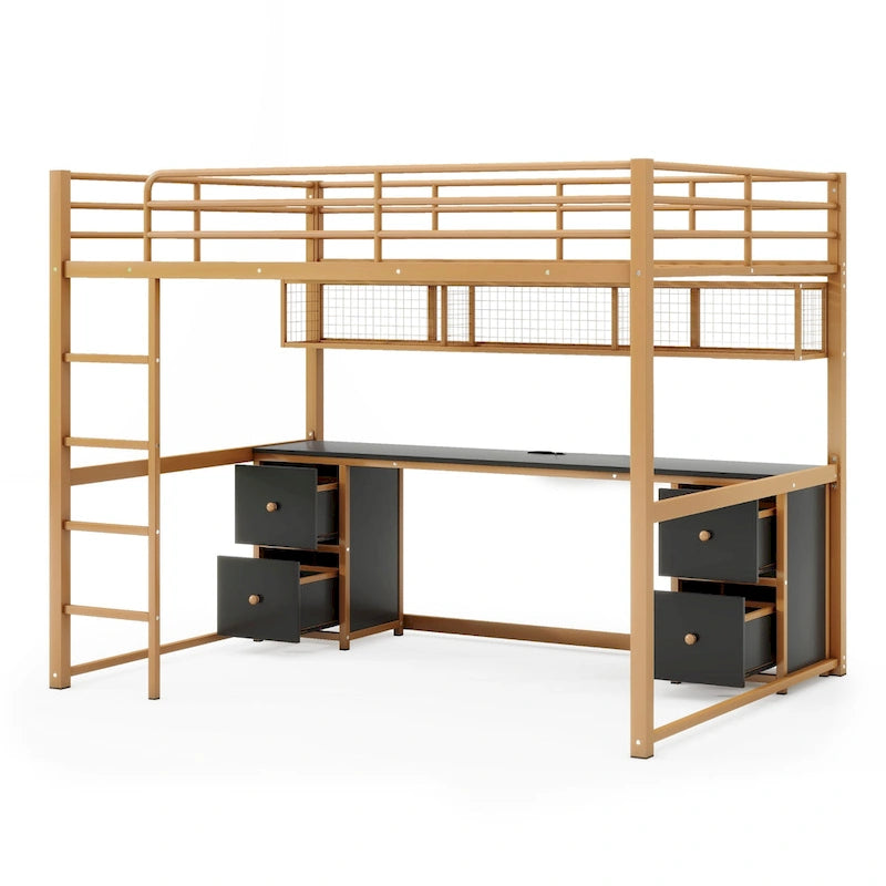 Gold+Black Full Metal Loft Bed with Desk, Drawers & Charging Station