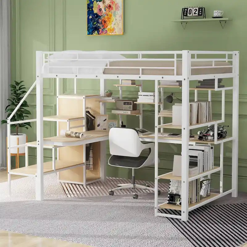White Full Metal Loft Bed with Storage Staircase & Wardrobe