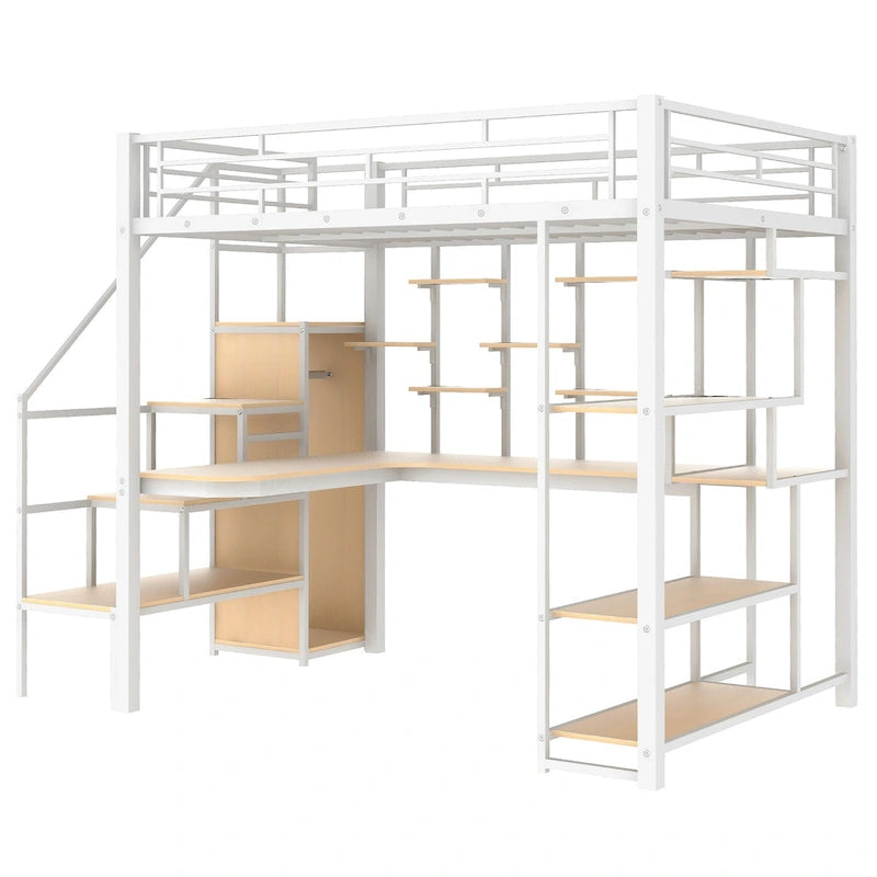 White Full Metal Loft Bed with Storage Staircase & Wardrobe