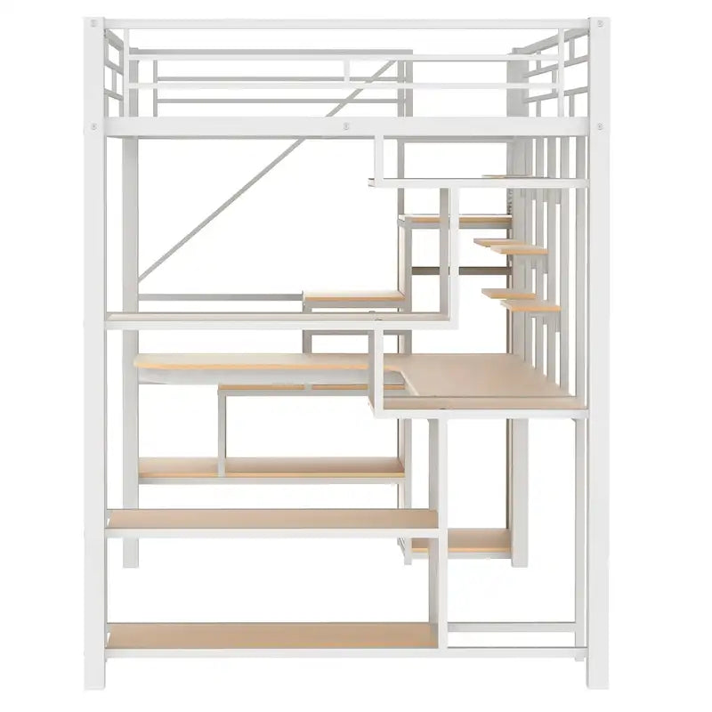 White Full Metal Loft Bed with Storage Staircase & Wardrobe