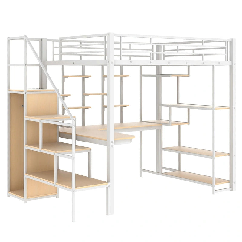 White Full Metal Loft Bed with Storage Staircase & Wardrobe