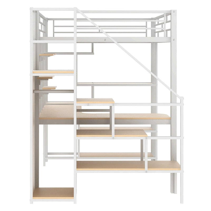 White Full Metal Loft Bed with Storage Staircase & Wardrobe