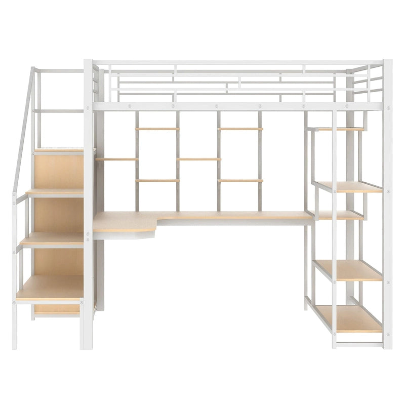 White Full Metal Loft Bed with Storage Staircase & Wardrobe
