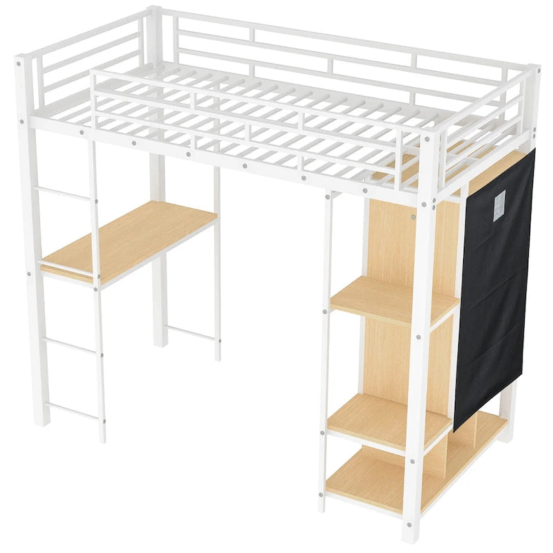 White Twin Metal Loft Bed with Built-in Wardrobe & Desk