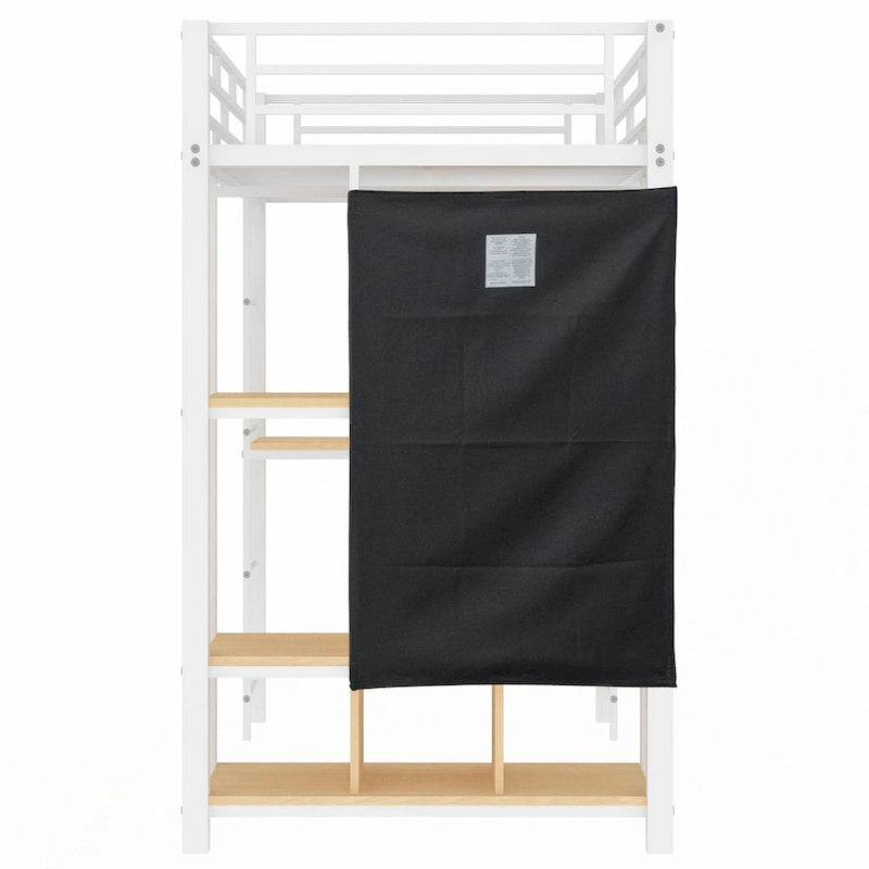 White Twin Metal Loft Bed with Built-in Wardrobe & Desk