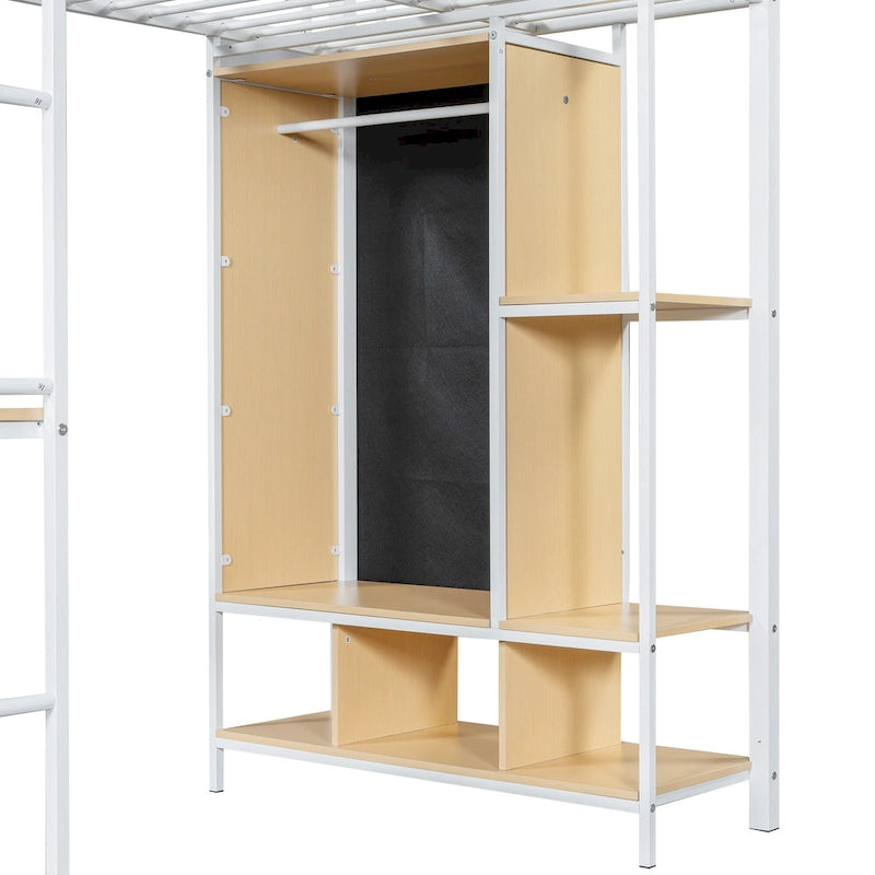 White Twin Metal Loft Bed with Built-in Wardrobe & Desk