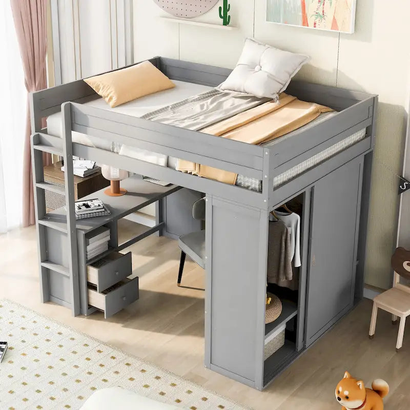 Full Pine Loft Bed with Wardrobes and Desk