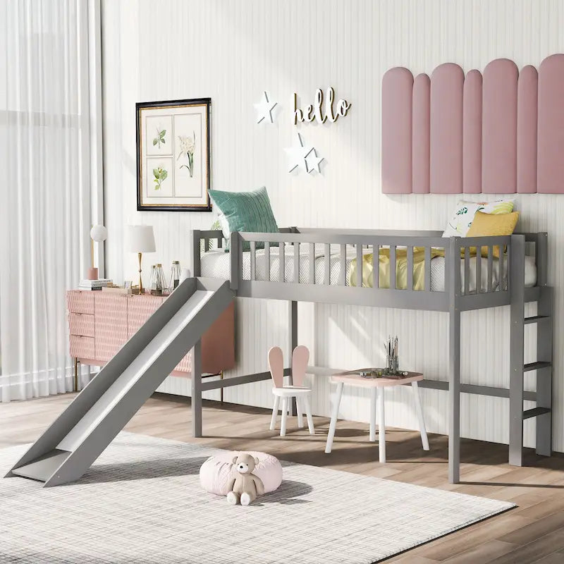 Pine Low Loft Bed with Slide