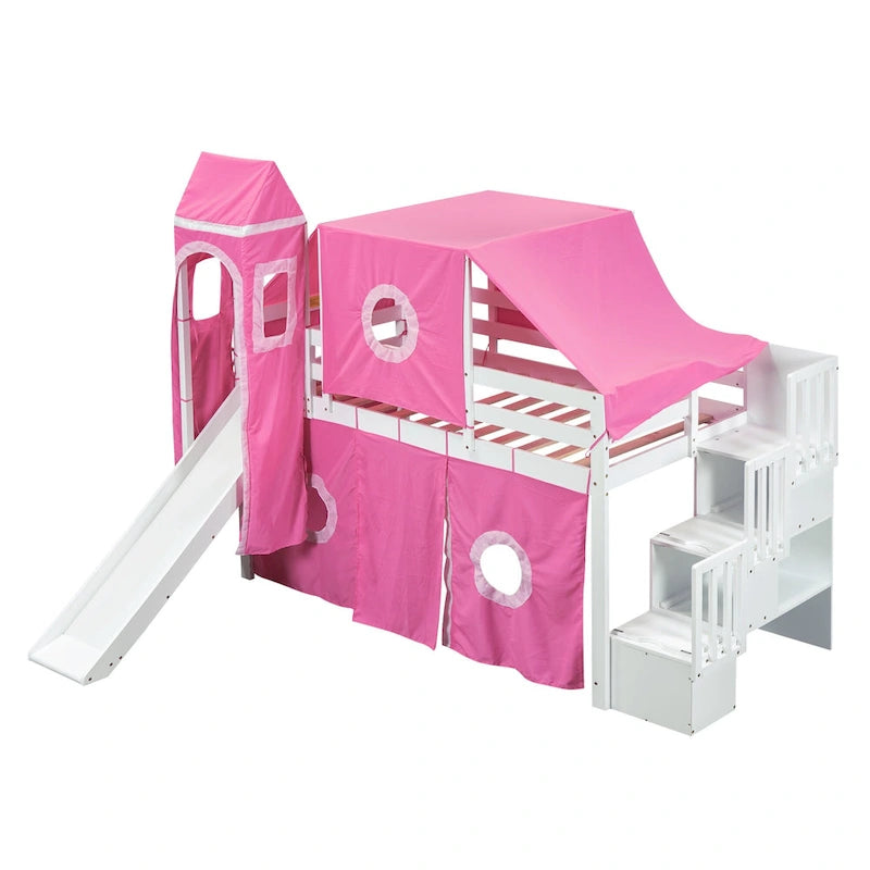 Twin Pine Loft Bed with Staircase, Slide, Tent, Tower, and Guardrail